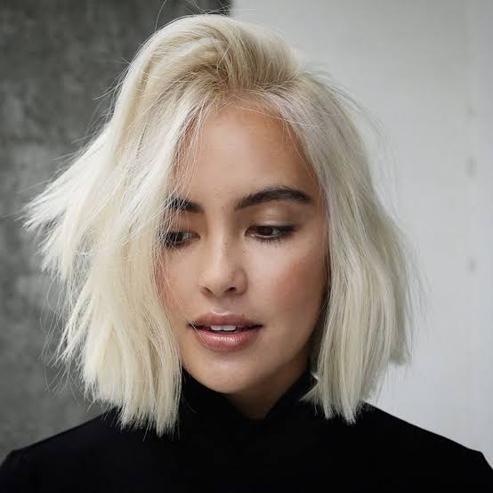 Platinum Blonde Choppy Bob With Wispy Bangs, Chin Platinum Blonde Choppy Bob With Wispy Bangs, Chin — Simple Choppy Bob