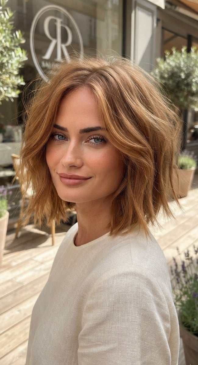 Collarbone Bob With Medium Brown Highlights And Curtain Bangs Collarbone Bob With Medium Brown Highlights And Curtain Bangs — Simple Choppy Bob