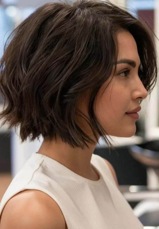 Chin Length Dark Brown Bob With Side-Swept Bangs, Wavy Chin Length Dark Brown Bob With Side-Swept Bangs, Wavy — Simple Choppy Bob Hairstyles