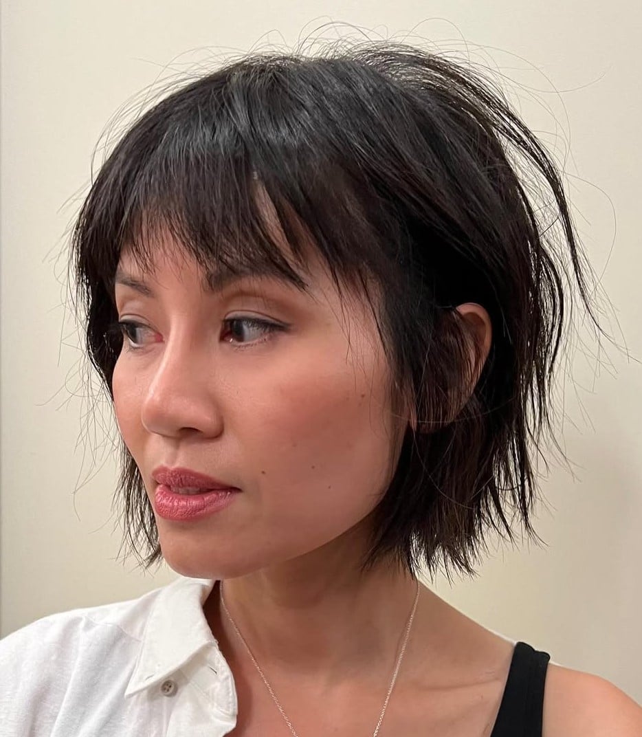 Chin Length Dark Brown Bob With Textured Bangs and Air Dried Chin Length Dark Brown Bob With Textured Bangs and Air Dried — Simple Choppy Bob Hairstyles