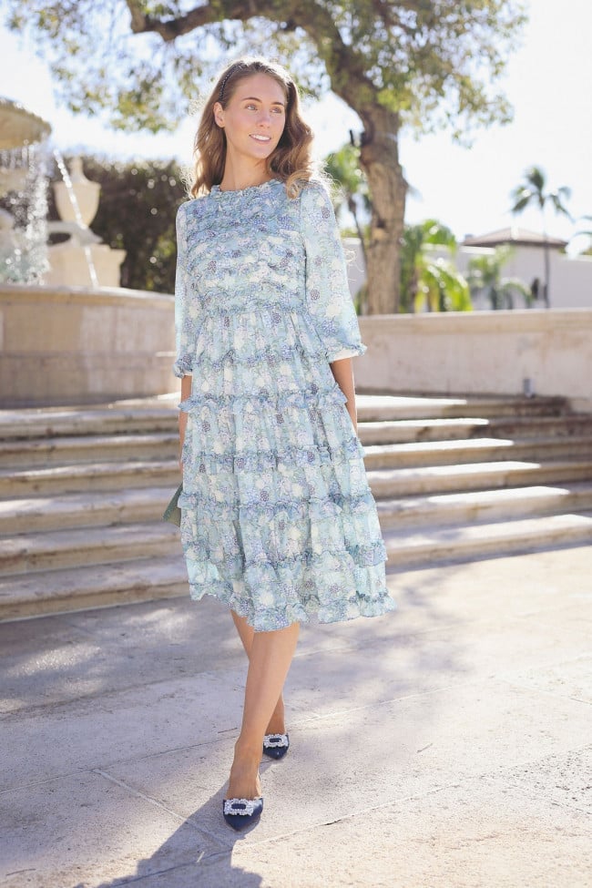 Light Blue Floral Ruffled Midi Dress — Simple Church Dresses