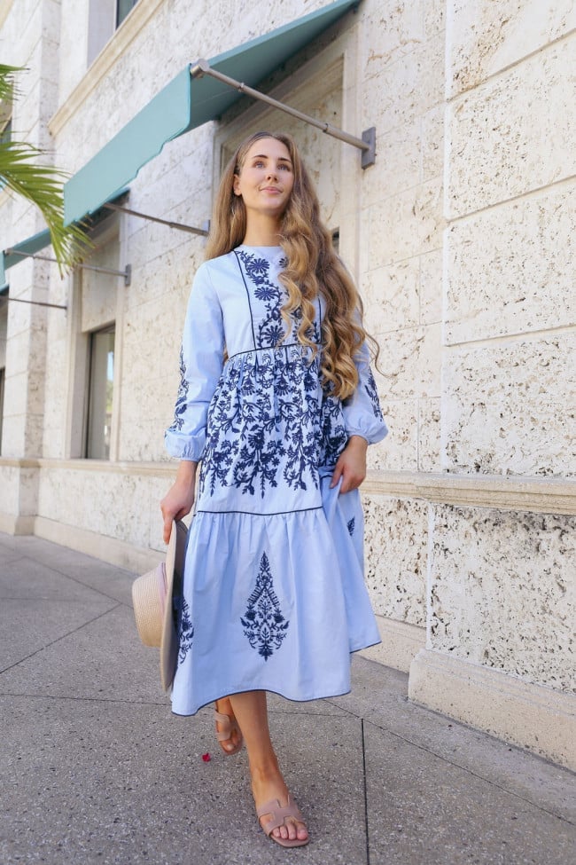 Light Blue Midi Dress with Navy Floral Embroidery, Tiered A-Line — Simple Church Dresses