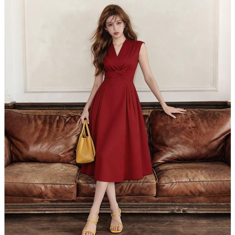 Red Fit-And-Flare Midi Dress with Pleated Skirt — Simple Church Dresses