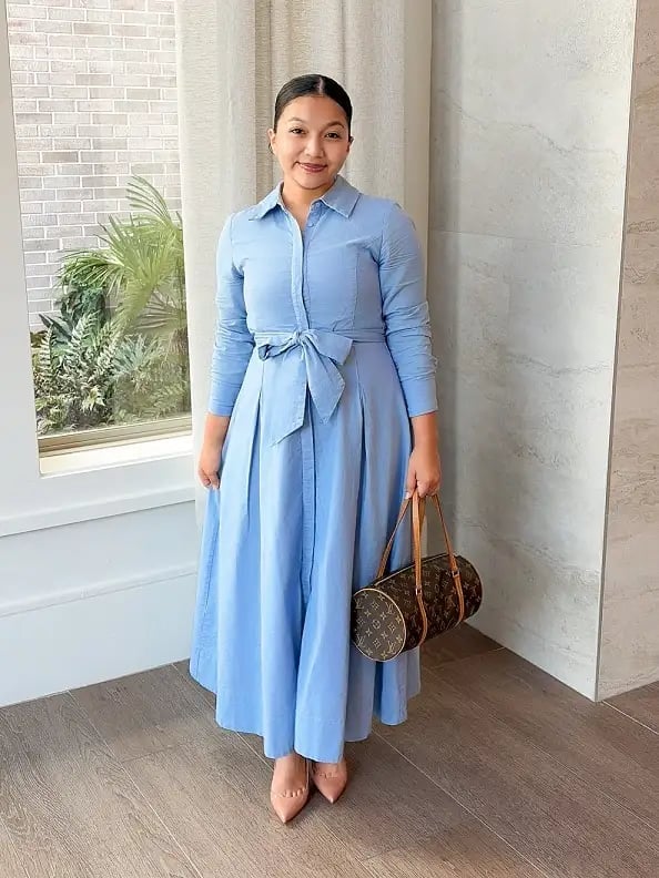 Light Blue Shirt Dress with Tie Waist — Simple Church Dresses