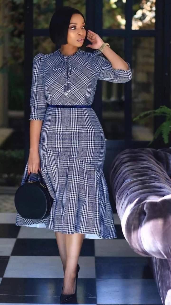 Blue Plaid Fit-And-Flare Midi Dress with Belt — Simple Church Dresses