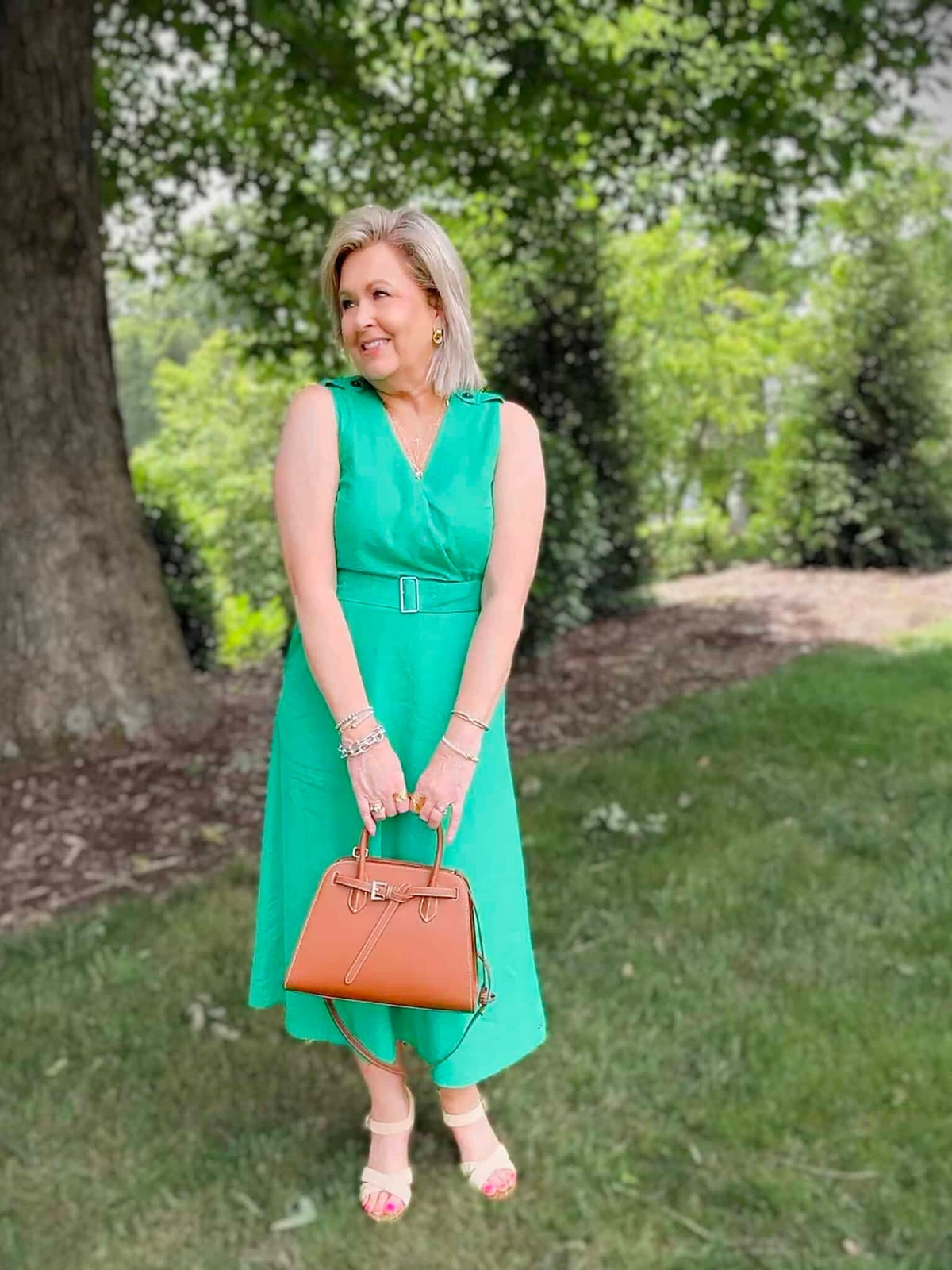 Green Linen Blend A-line Dress with Belt — Simple Church Dresses