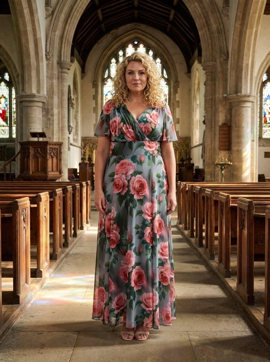 Grey Floral Wrap Maxi Dress in Chiffon — Simple Church Dresses