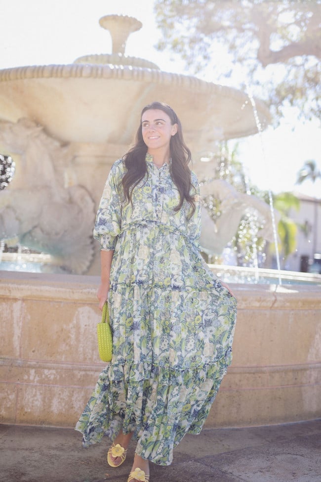 Green Floral Maxi Dress with Ruffled Tiers — Simple Church Dresses