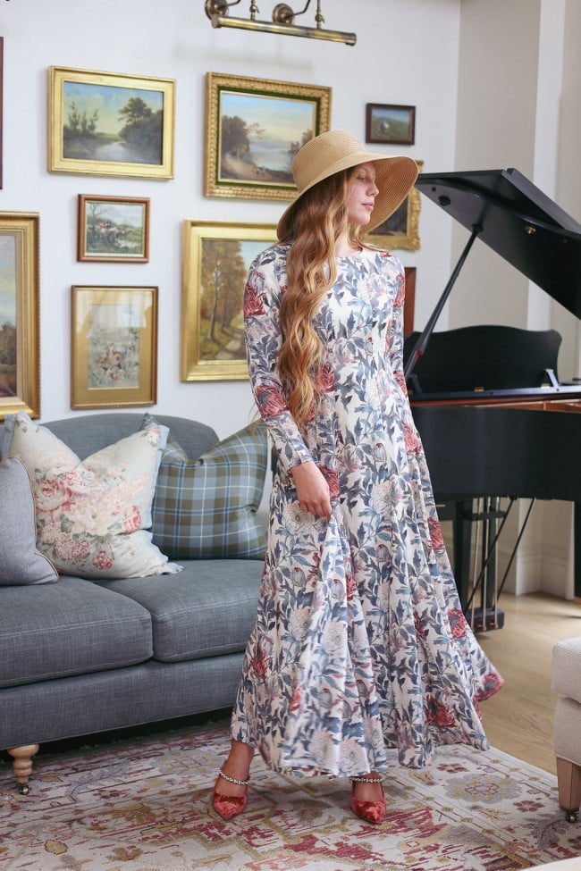 Flowing Floral Dress with a Straw Hat Accessory — Simple Church Dresses