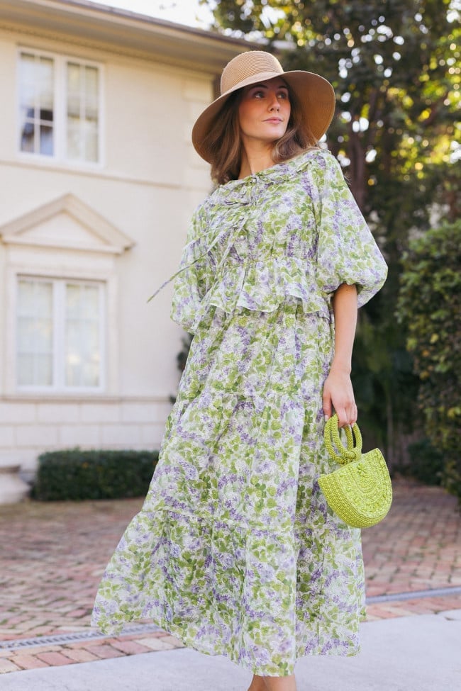 Tiered Midi Dress with Ruffled Neckline — Simple Church Dresses