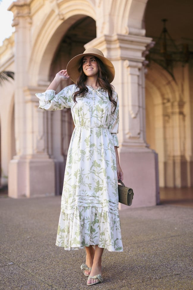 White and Green Floral A-line Dress with Tiered Skirt — Simple Church Dresses
