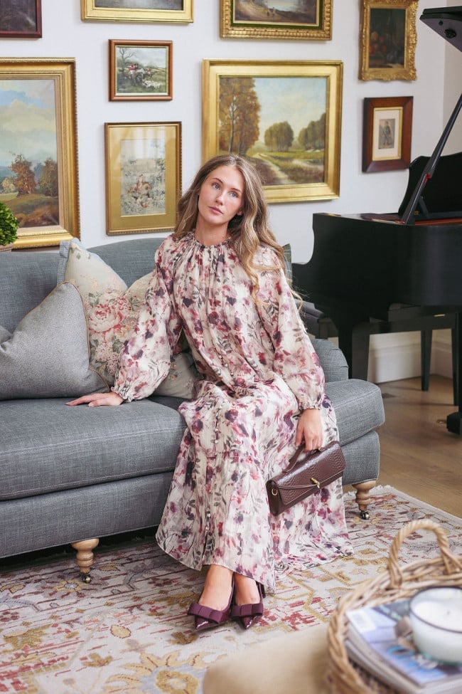 Cream Floral Chiffon Dress with Flowing Sleeves — Simple Church Dresses