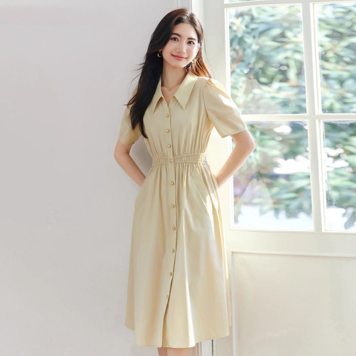 Beige Polo Collar Midi Dress with Button Front — Simple Church Dresses