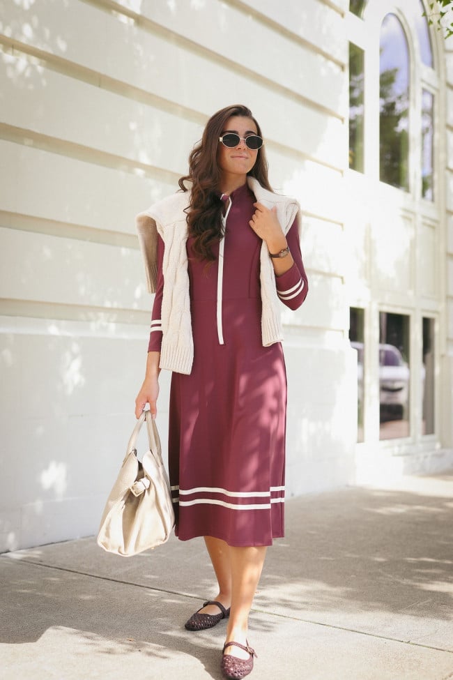 Maroon Long-Sleeve Dress with Draped Knit Vest — Simple Church Dresses