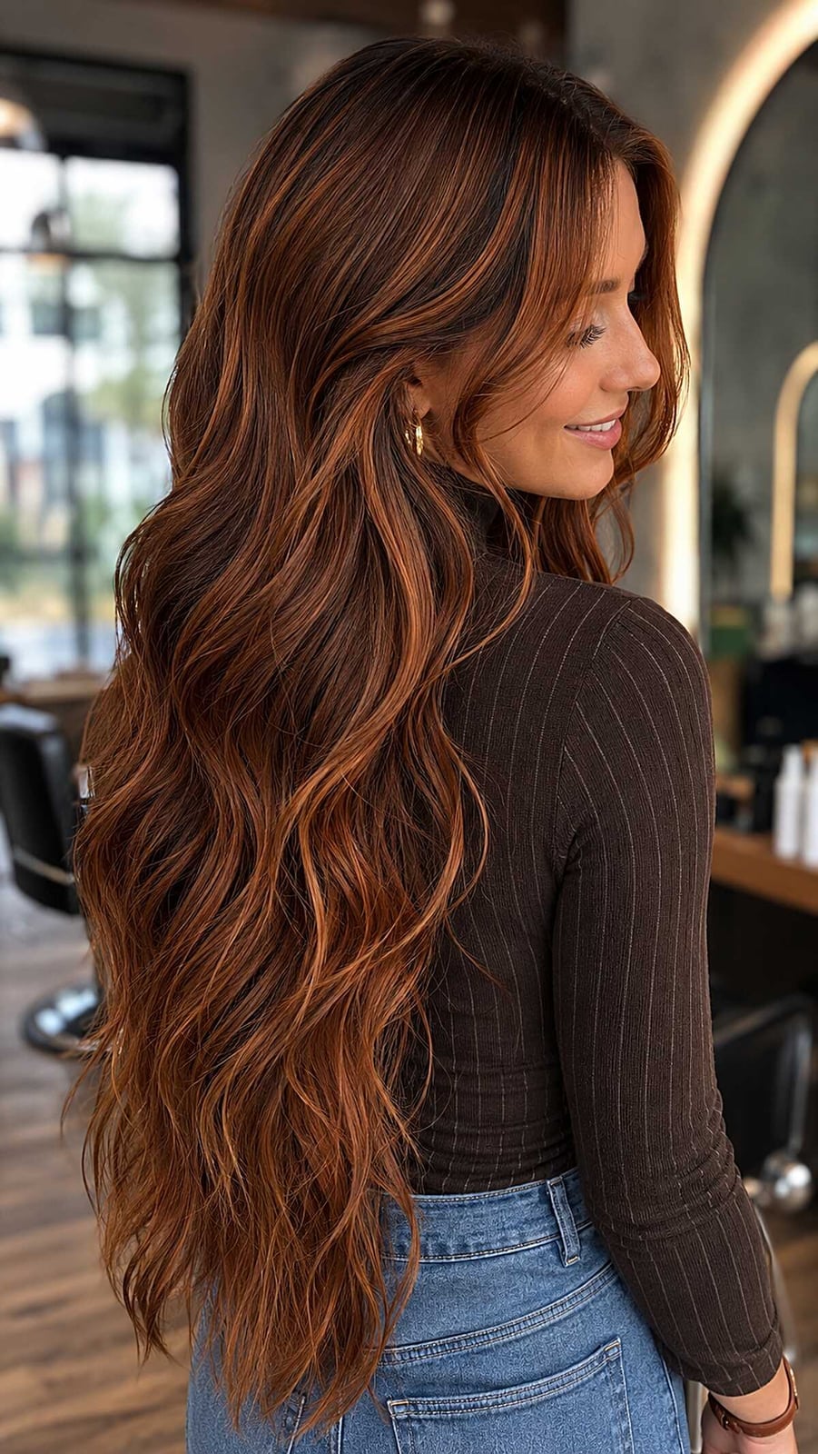 Collarbone Length Burnt Cinnamon With Soft Waves — Simple Cinnamon Hair Color