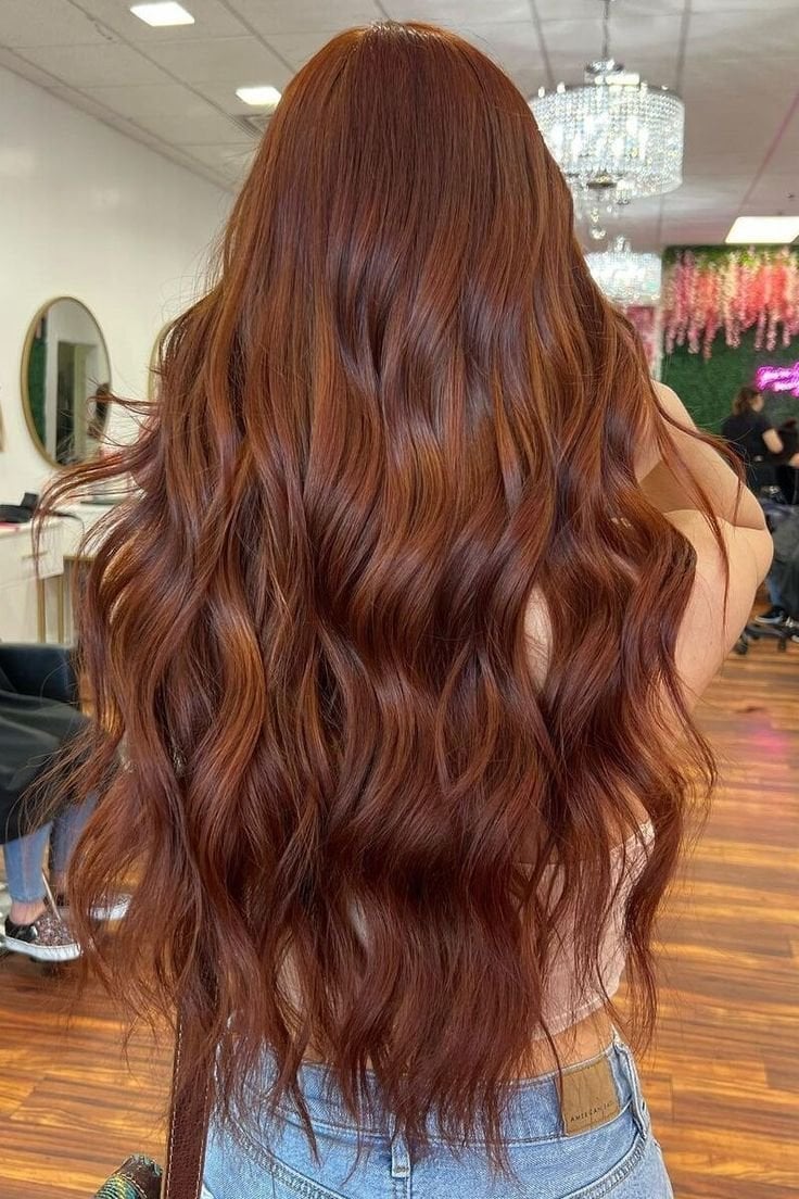 Deep Cinnamon Red Long Loose Waves — Simple Cinnamon Hair Color