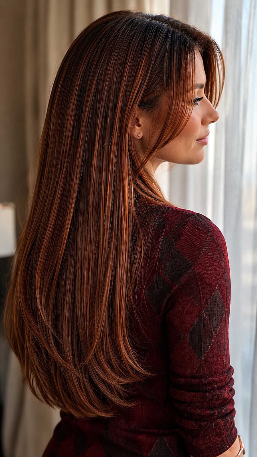 Burnt Cinnamon Collarbone Lob With Face Framing, Close-Up Take — Simple Cinnamon Hair Color