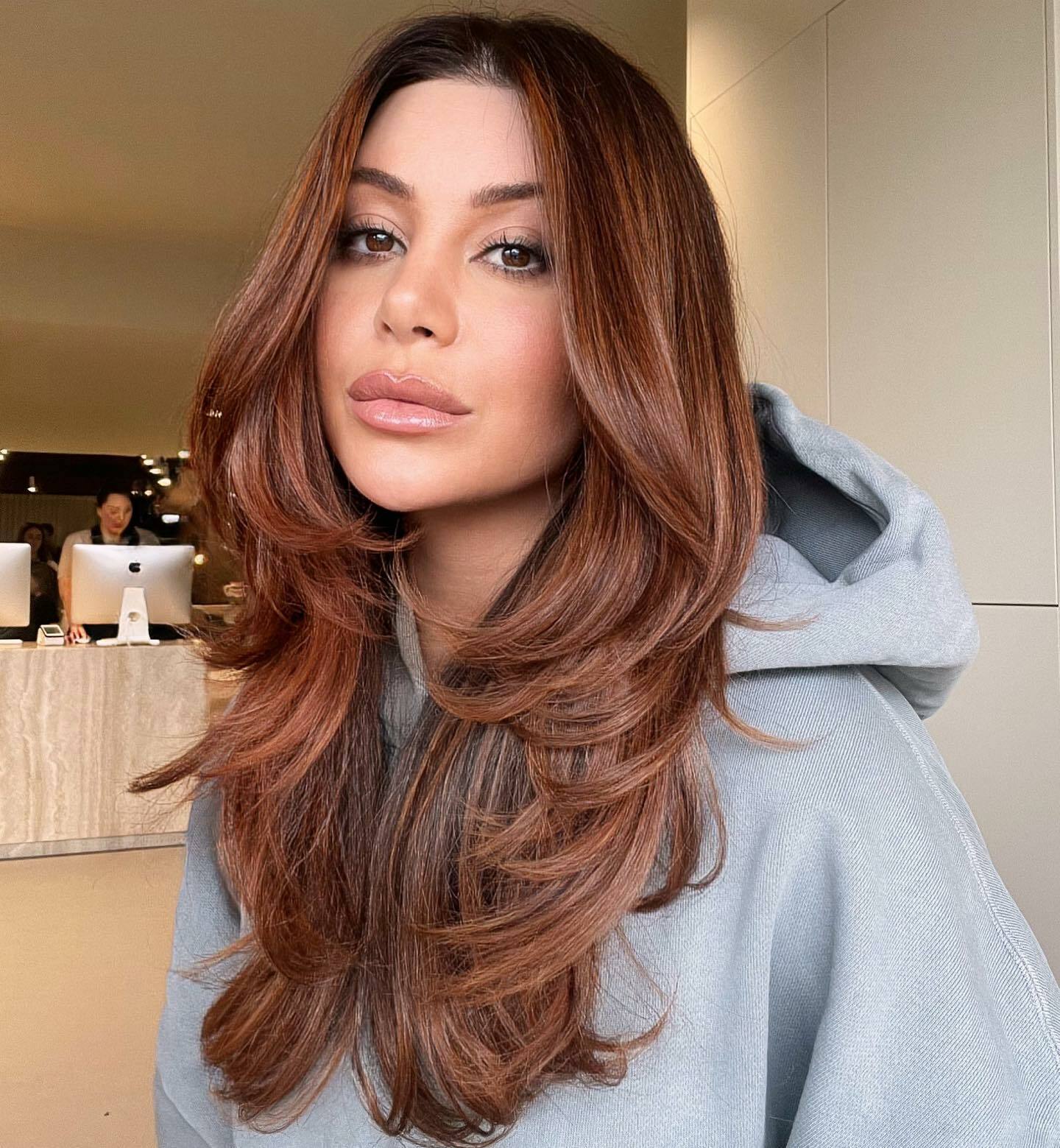 Rich Cinnamon Red Collarbone Layered Blowout — Simple Cinnamon Hair Color