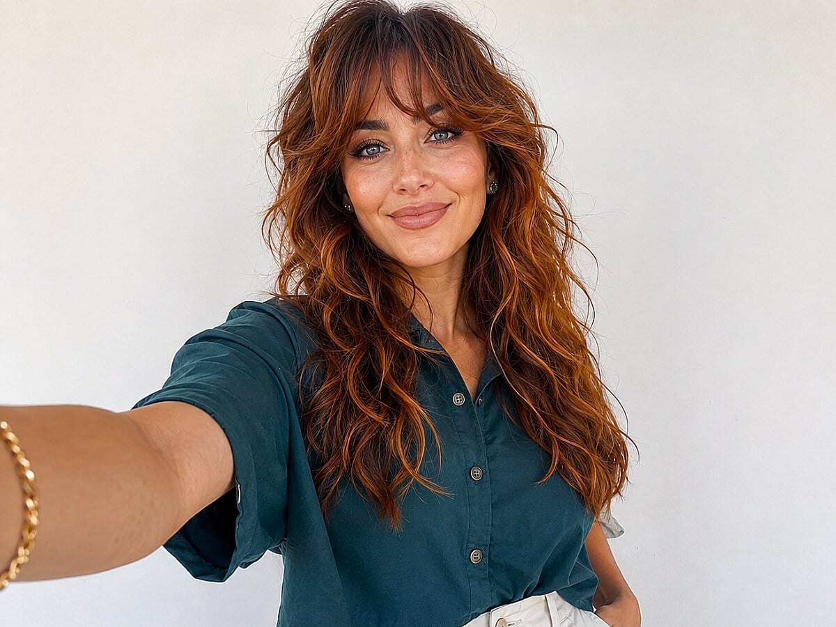 Lived-in Cinnamon Balayage Collarbone Shag — Simple Cinnamon Hair Color
