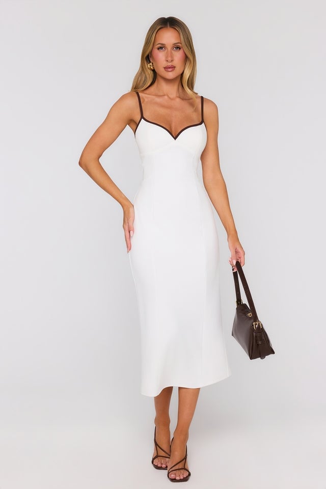 White Midi Dress with Dark Trim and Straps White Midi Dress with Dark Trim and Straps — Simple Cocktail Outfits