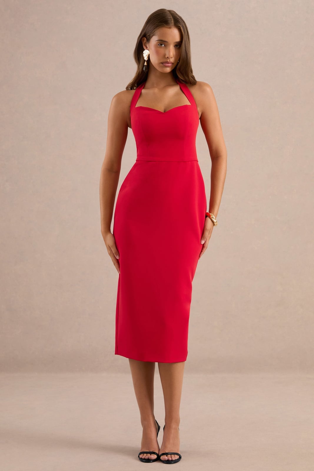 Red Crepe Sheath Dress with Halter Neckline Red Crepe Sheath Dress with Halter Neckline — Simple Cocktail Outfits