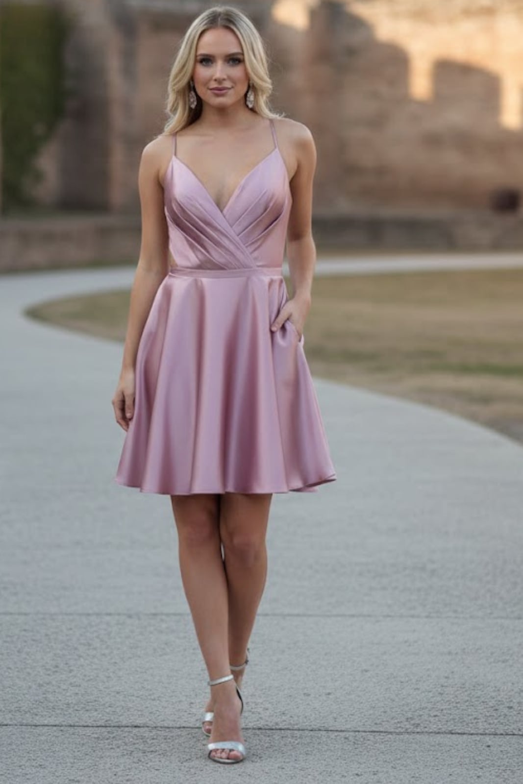 Dusty Rose Satin Slip Dress with Pleated Bodice Dusty Rose Satin Slip Dress with Pleated Bodice — Simple Cocktail Outfits