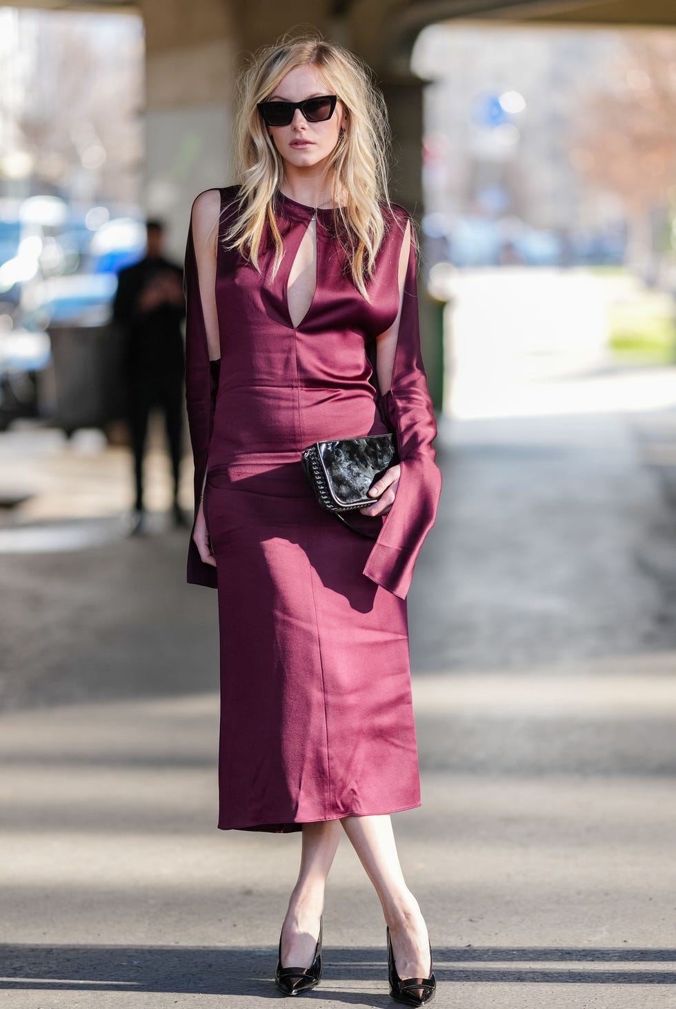 Plum Satin Dress with Keyhole Cut-Out Plum Satin Dress with Keyhole Cut-Out — Simple Cocktail Outfits