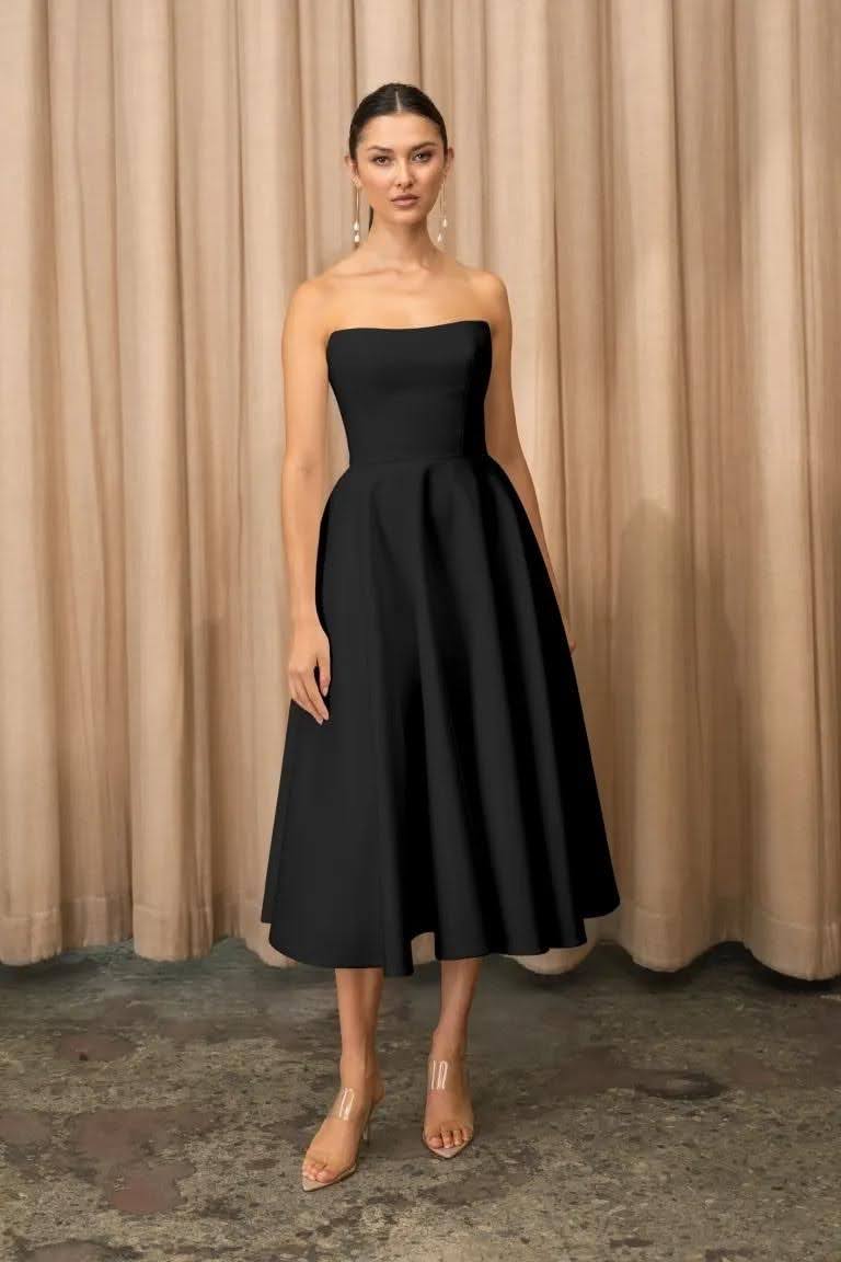Black Strapless Midi Dress with Full Skirt Black Strapless Midi Dress with Full Skirt — Simple Cocktail Outfits