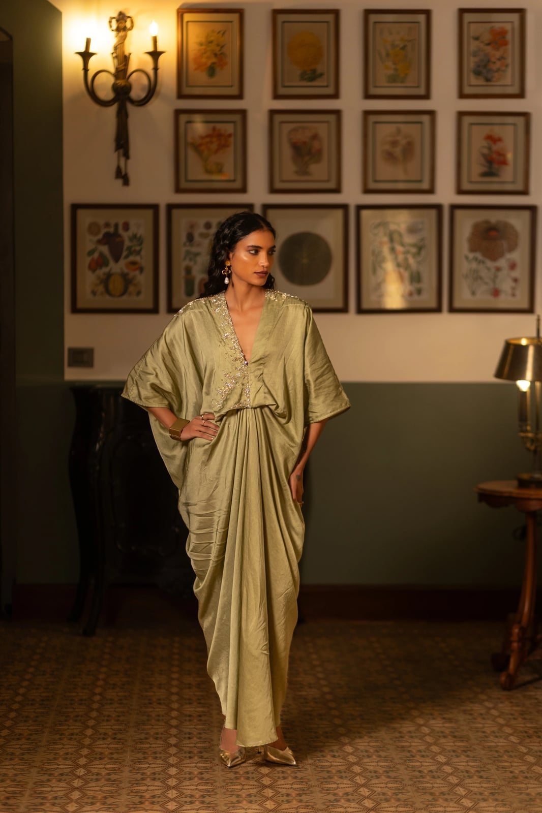 Sage Green Silk Kaftan Dress with Gold Beads Sage Green Silk Kaftan Dress with Gold Beads — Simple Cocktail Outfits