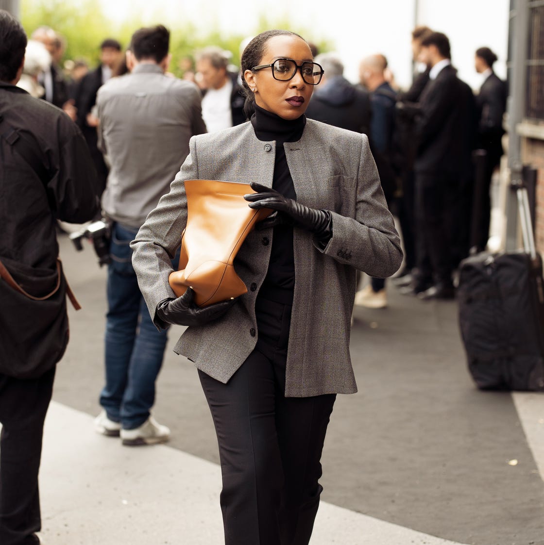 Grey Textured Blazer with Black Turtleneck — Simple Conference Outfits