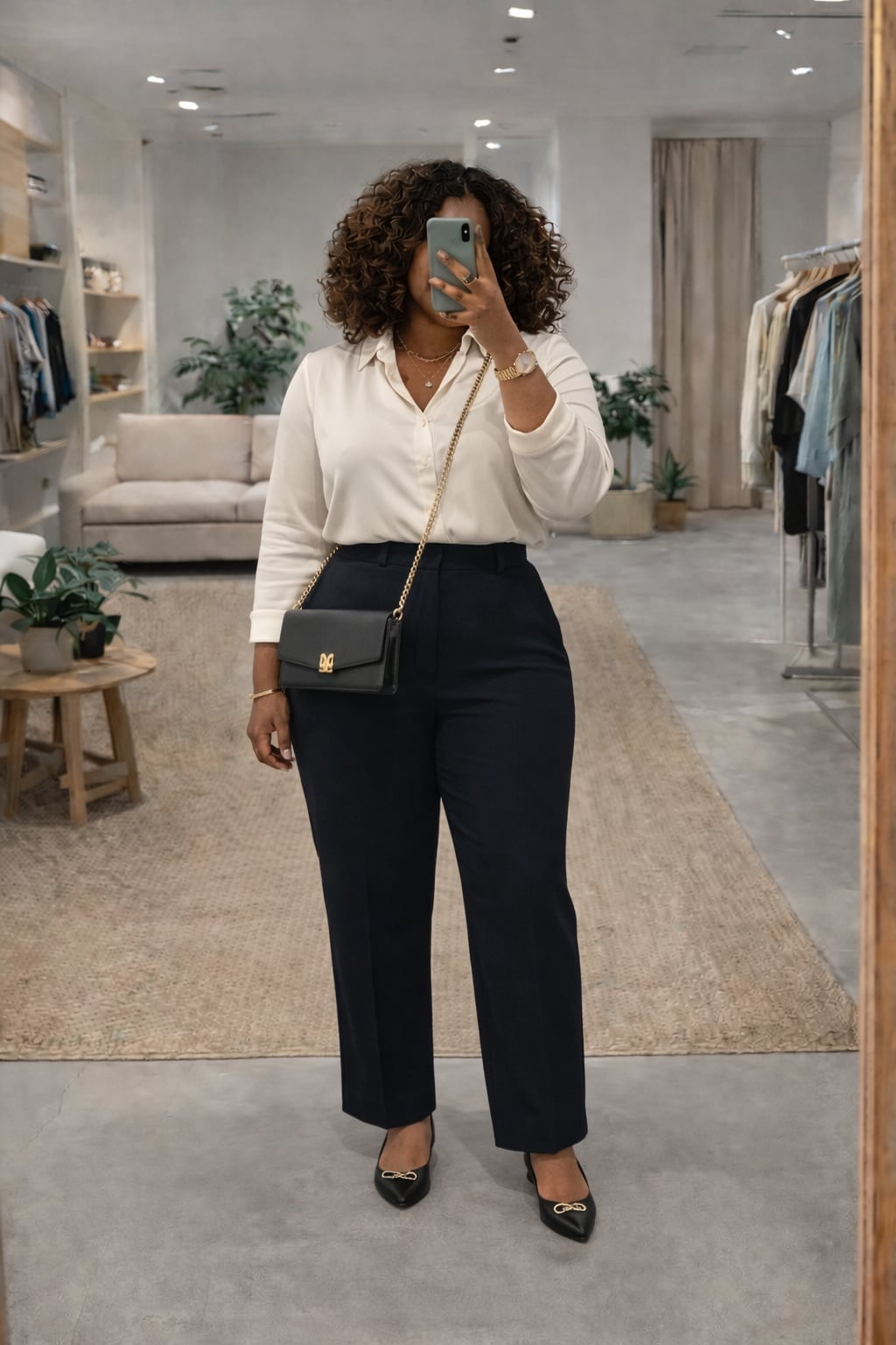 White Button-Down Shirt with Navy Straight Leg Trousers — Simple Conference Outfits