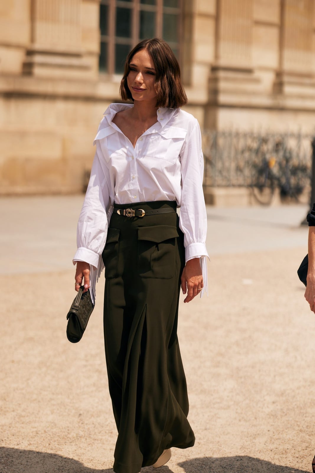 Oversized White Shirt with Olive Green Maxi Skirt — Simple Conference Outfits