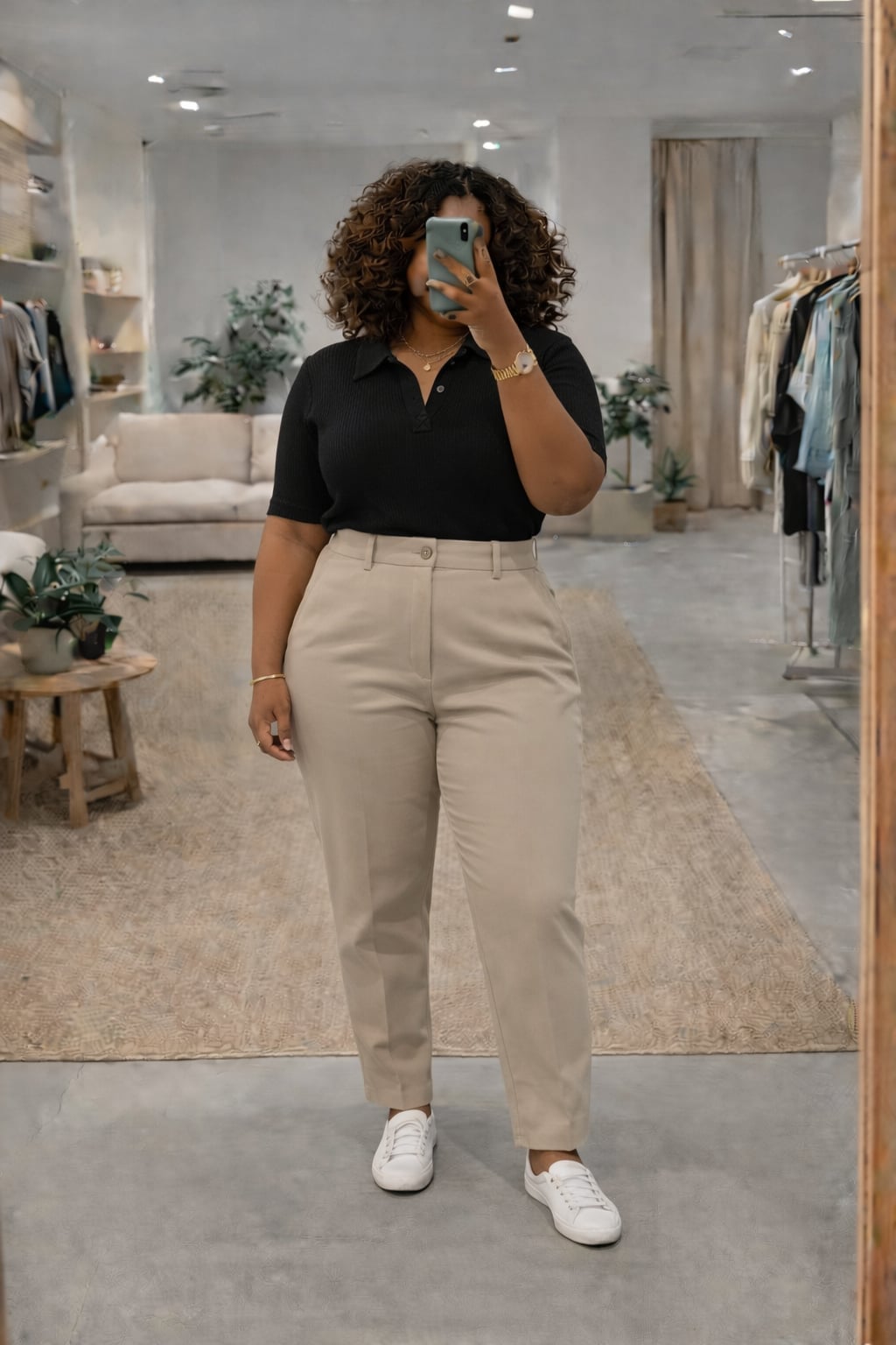 Black Polo Shirt with Beige Tailored Trousers, Close-Up Take — Simple Conference Outfits