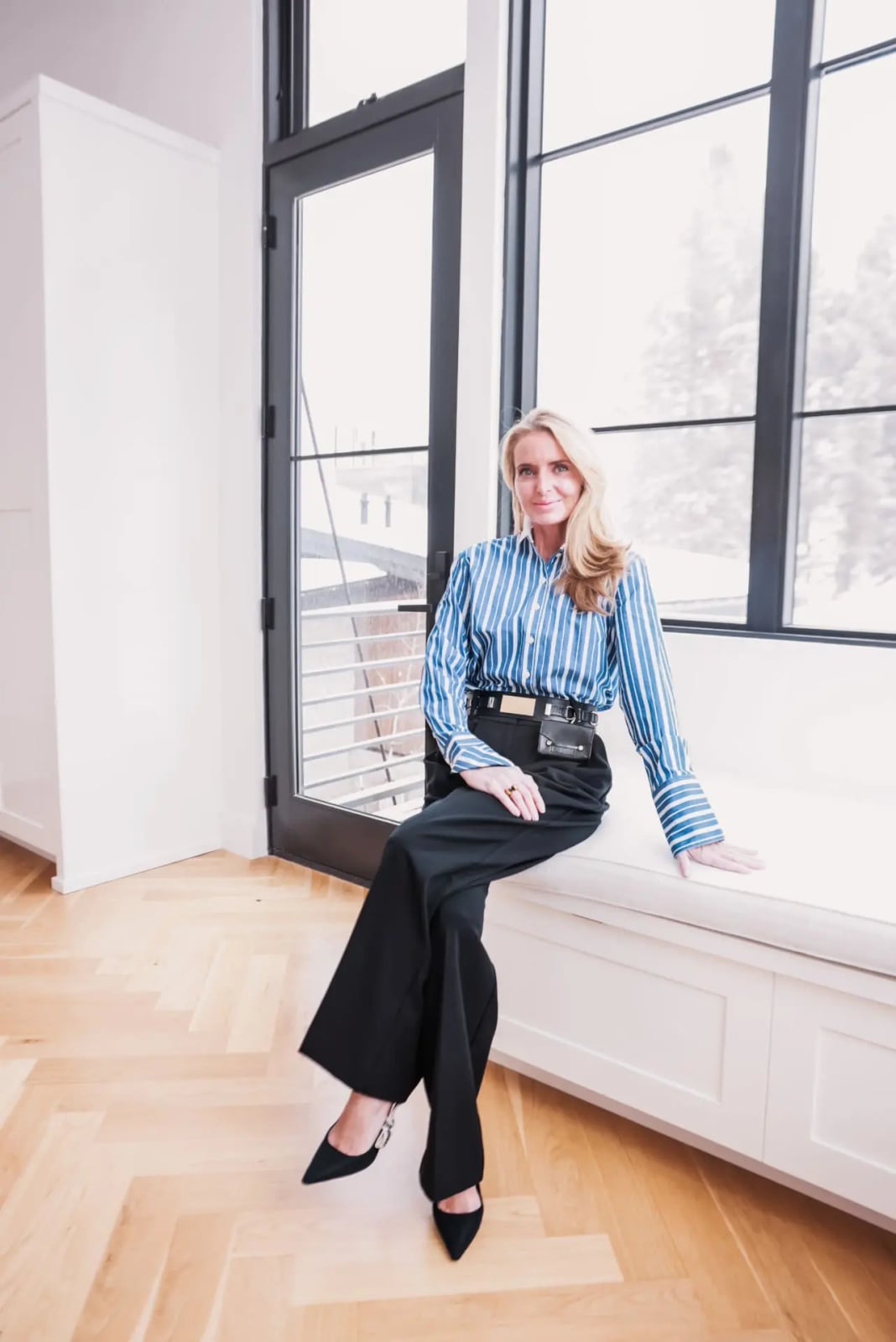 Striped Button-Down Shirt with Black Wide Leg, Everyday Version — Simple Conference Outfits