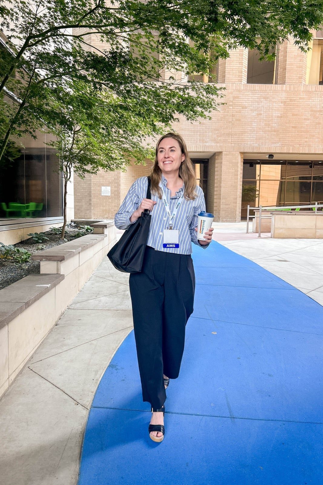 Cropped Striped Shirt with Black Wide Leg, Office-Safe Version — Simple Conference Outfits