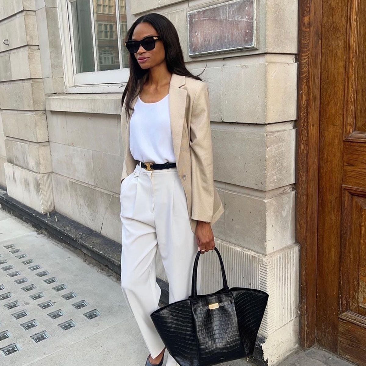 Oversized Beige Blazer with Cream Wide Leg Trousers — Simple Conference Outfits