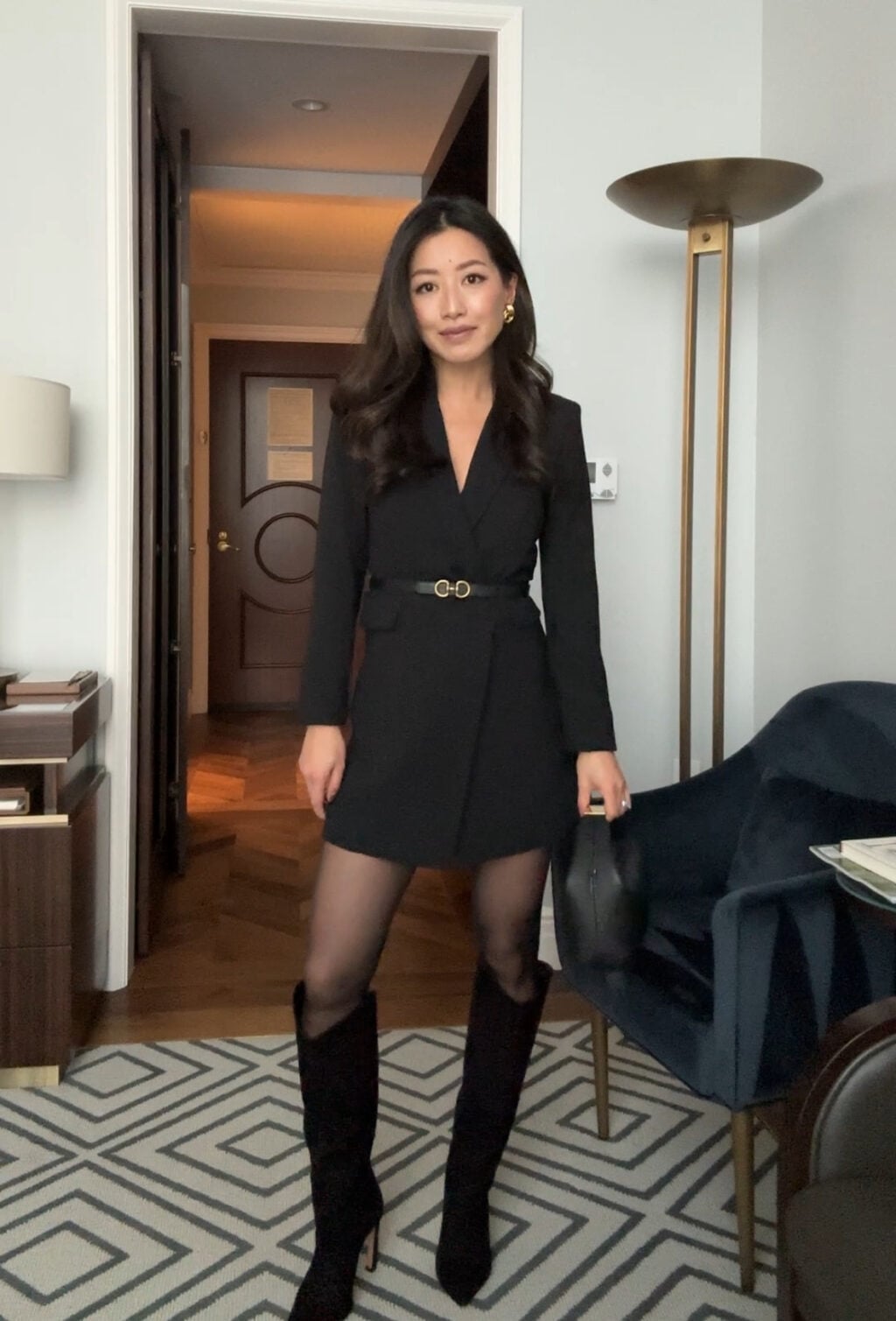 Black Blazer Dress with Gold Belt — Simple Conference Outfits