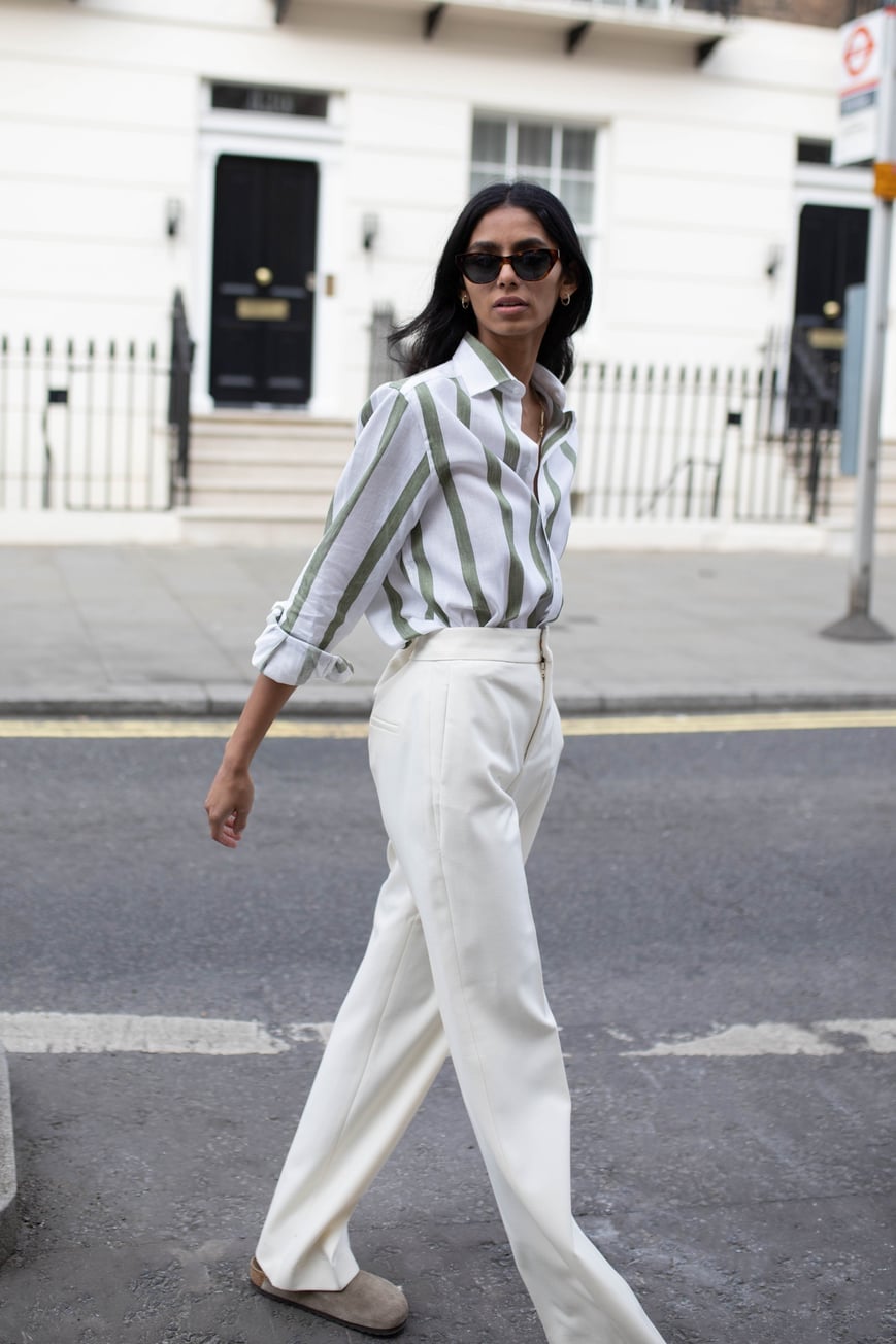 Striped Button-Down Shirt with Cream Wide Leg Trousers — Simple Conference Outfits
