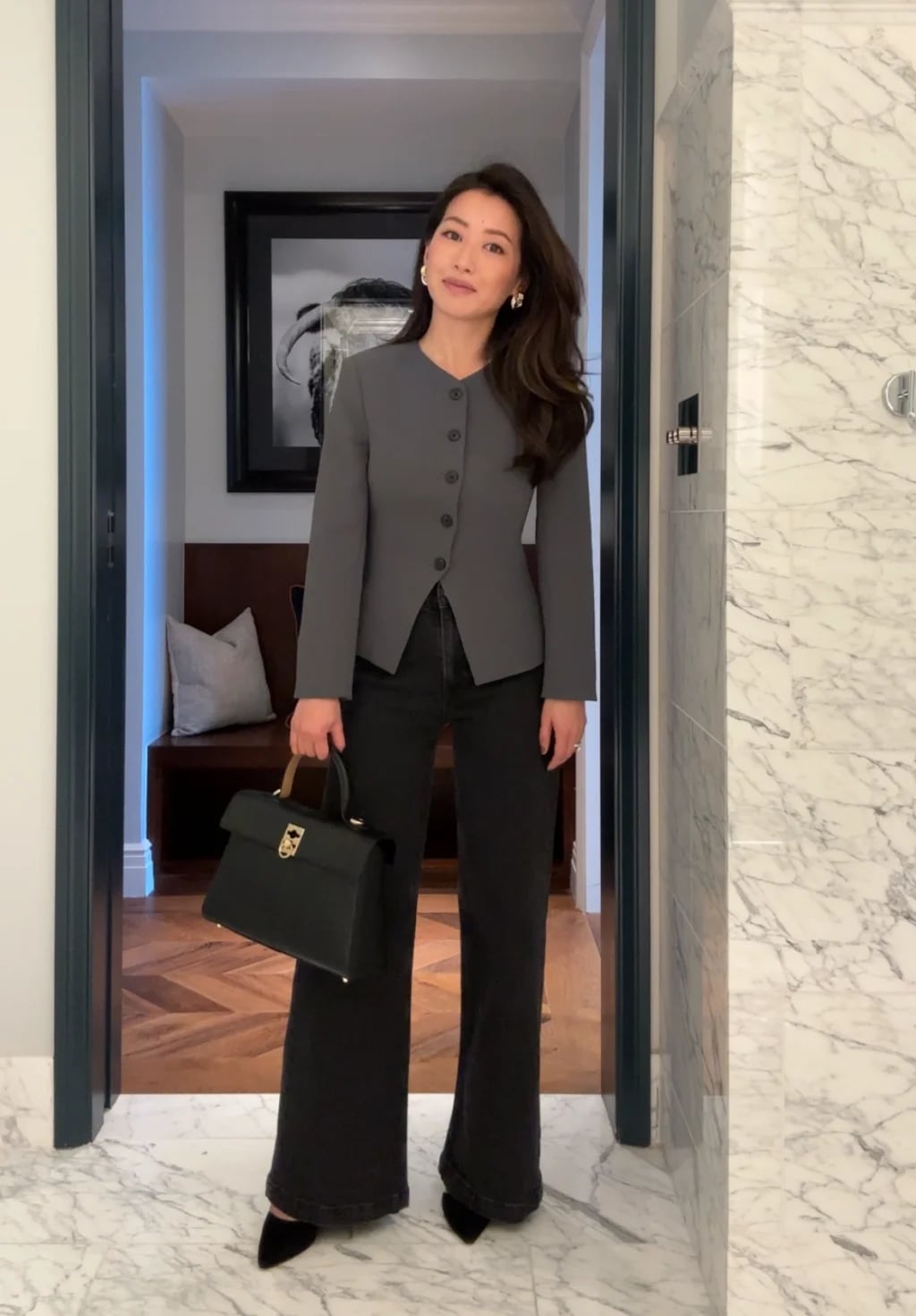 Grey Jacket with Dark Wash Wide Leg Jeans — Simple Conference Outfits