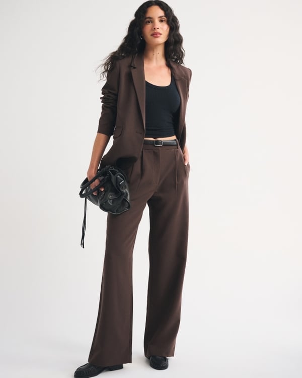 Brown Tailored Blazer with Matching Wide Leg Trousers — Simple Conference Outfits