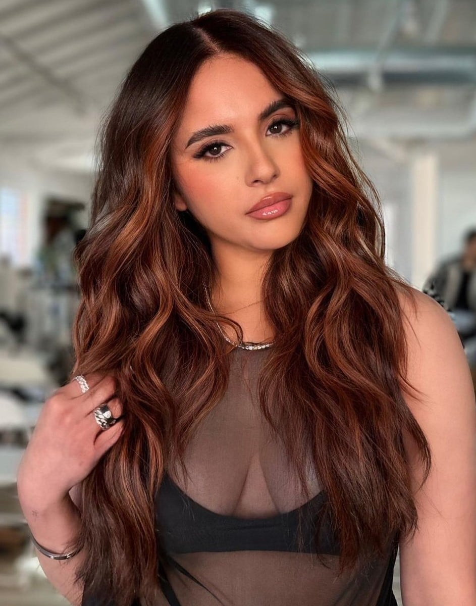 Mid-Back Dark Copper With Blonde Balayage, Wavy — Simple Copper Hair with Blonde