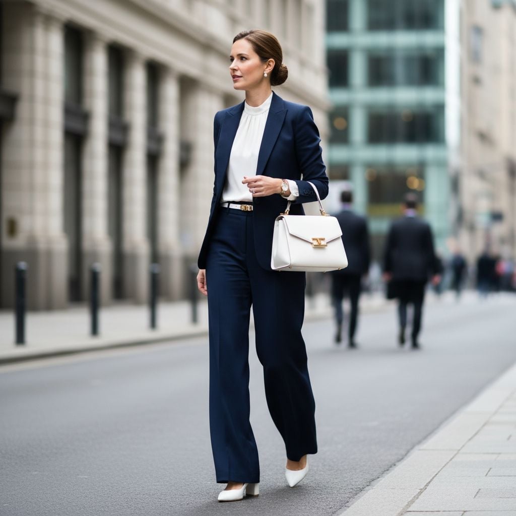 Navy Wide Leg Trousers With White Blouse And Blazer Navy Wide Leg Trousers With White Blouse And Blazer — Simple Corporate Outfits for Women