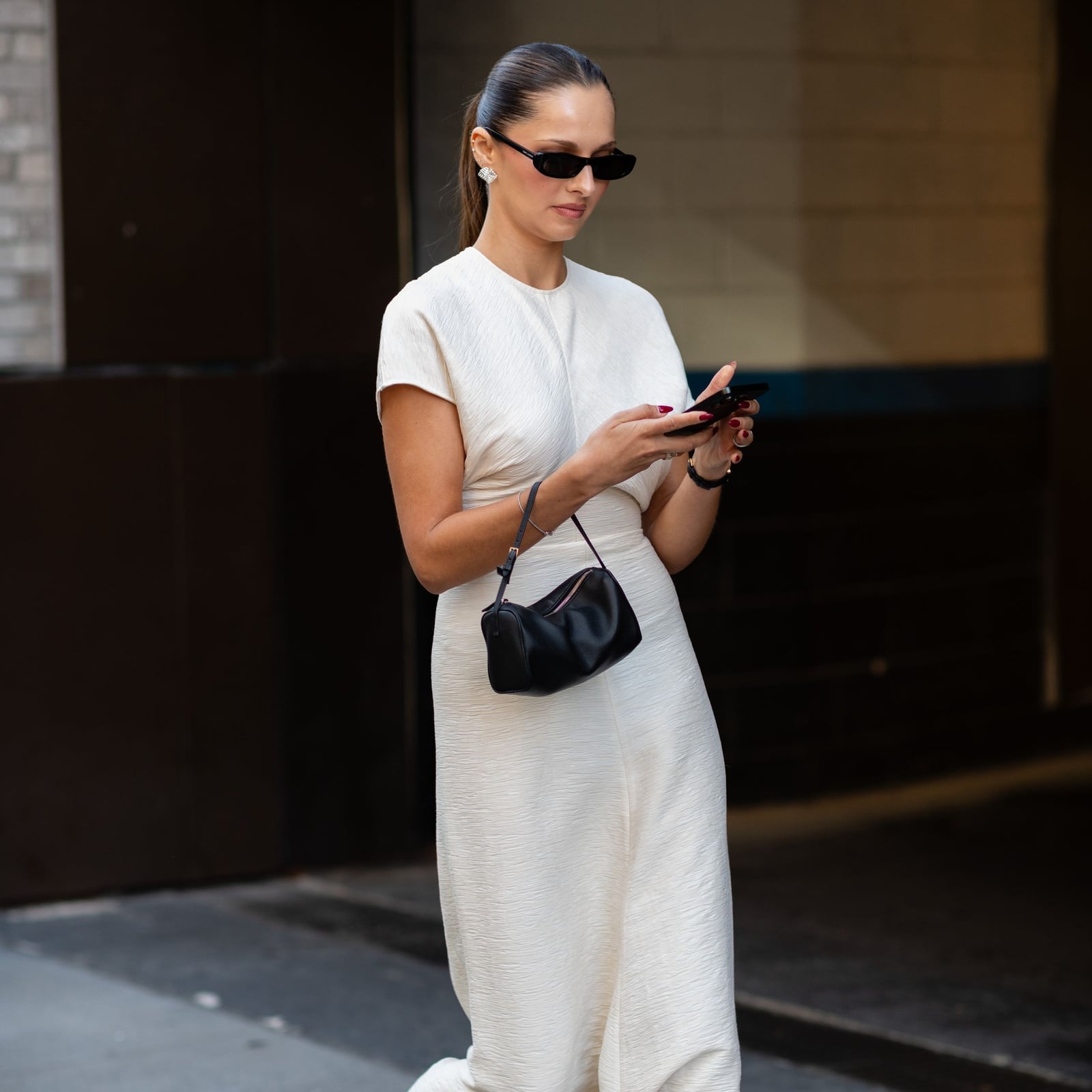 Ivory Textured Midi Dress With Ruched Waist Ivory Textured Midi Dress With Ruched Waist — Simple Corporate Outfits for Women