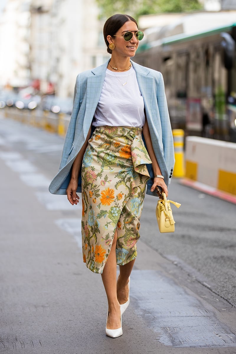 Light Blue Blazer With Floral Midi Skirt Light Blue Blazer With Floral Midi Skirt — Simple Corporate Outfits for Women