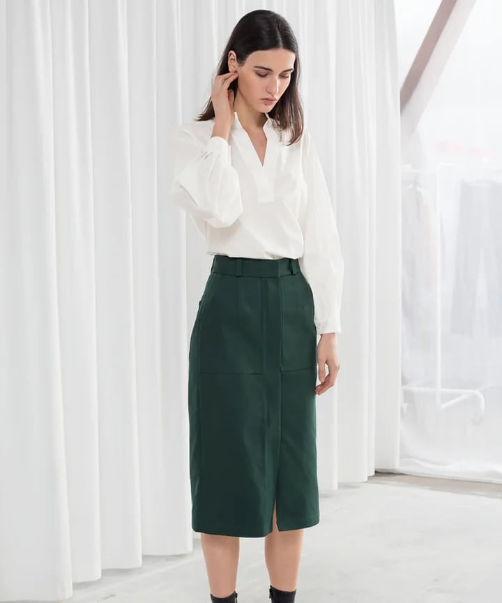 White Blouse With Dark Green Midi Pencil Skirt White Blouse With Dark Green Midi Pencil Skirt — Simple Corporate Outfits for Women