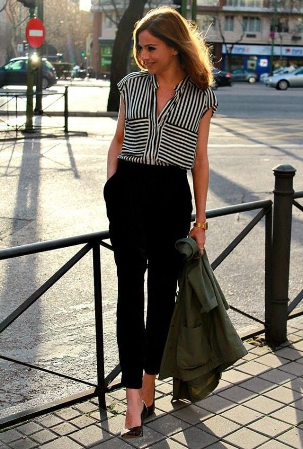 Striped Shirt With Slim Fit Trousers And Green Jacket Striped Shirt With Slim Fit Trousers And Green Jacket — Simple Corporate Outfits for Women