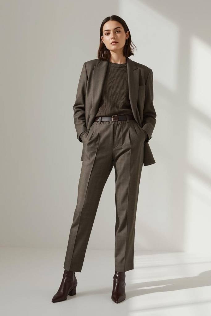 Grey Plaid Suit With Brown Knit Sweater Grey Plaid Suit With Brown Knit Sweater — Simple Corporate Outfits for Women