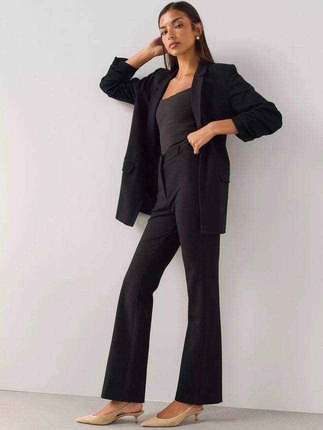 Black Blazer With Wide Leg Flare Trousers Black Blazer With Wide Leg Flare Trousers — Simple Corporate Outfits for Women