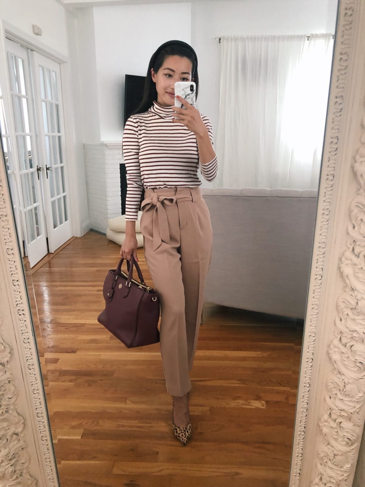 Beige Paperbag Waist Trousers With Striped Top Beige Paperbag Waist Trousers With Striped Top — Simple Corporate Outfits for Women
