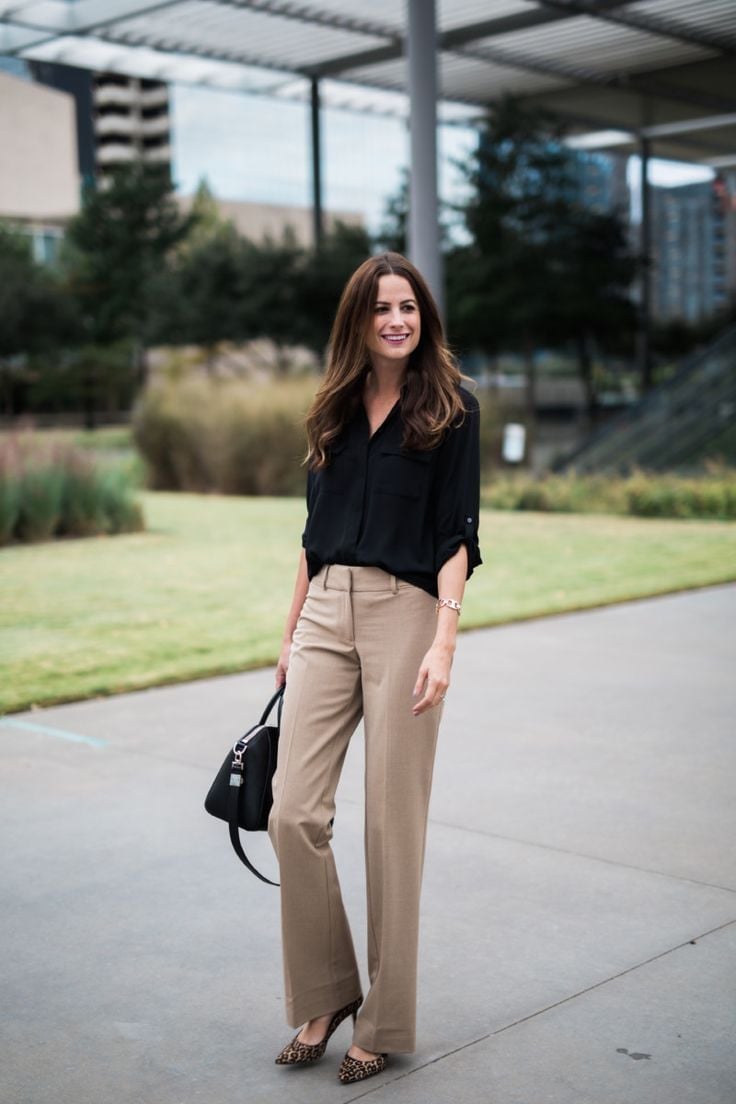Black Shirt With Beige Wide Leg Trousers And Leopard Heels Black Shirt With Beige Wide Leg Trousers And Leopard Heels — Simple Corporate Outfits for Women
